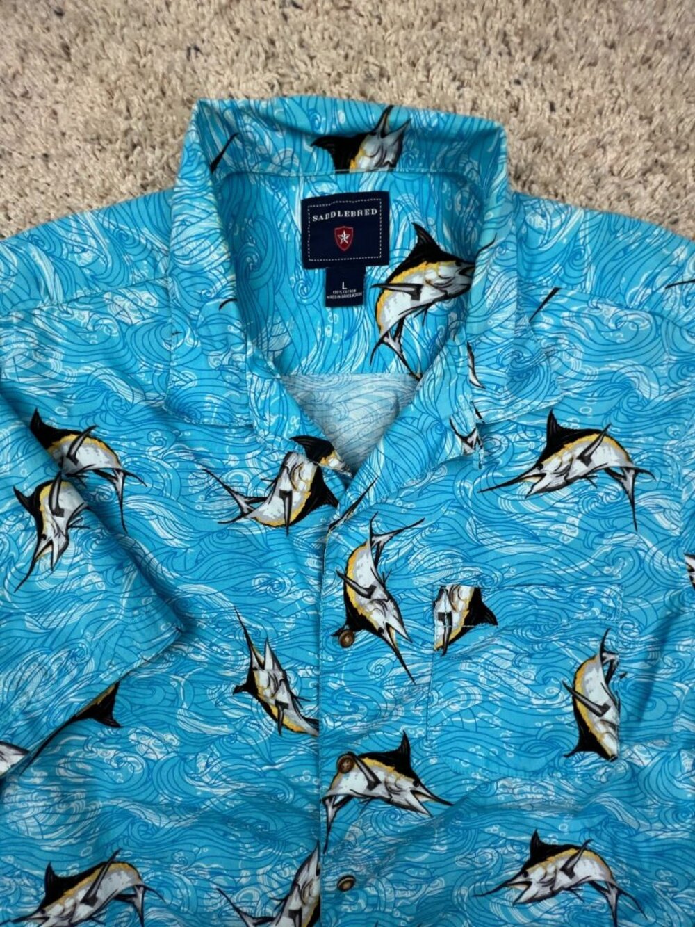 Saddlebred Mens Camp Shirt Large Blue Marlin Short Sleeve Button Up Hawaiian